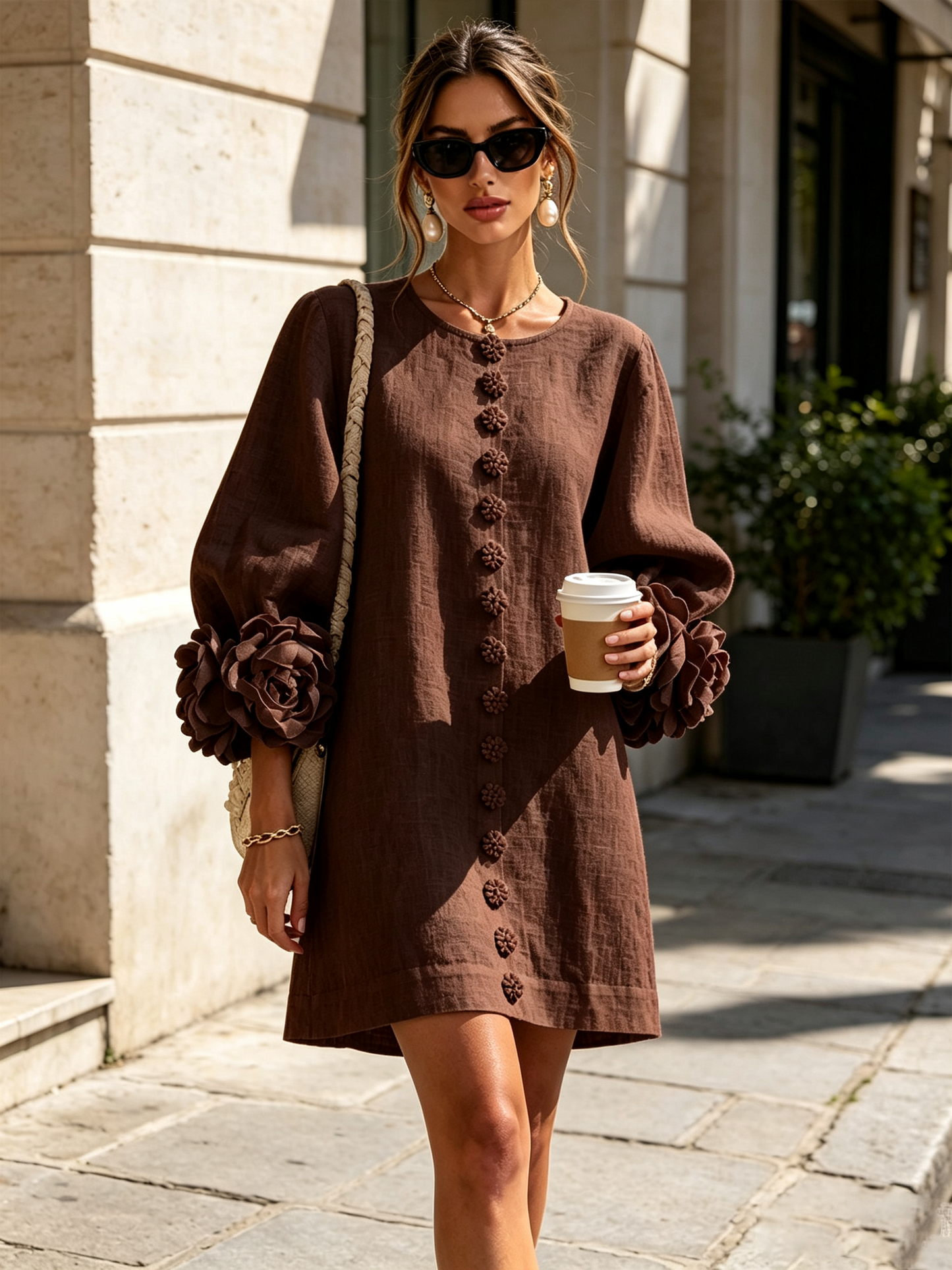 Mini-robe blanche à boutons, motif floral, avec des poignets à motif floral saisissants