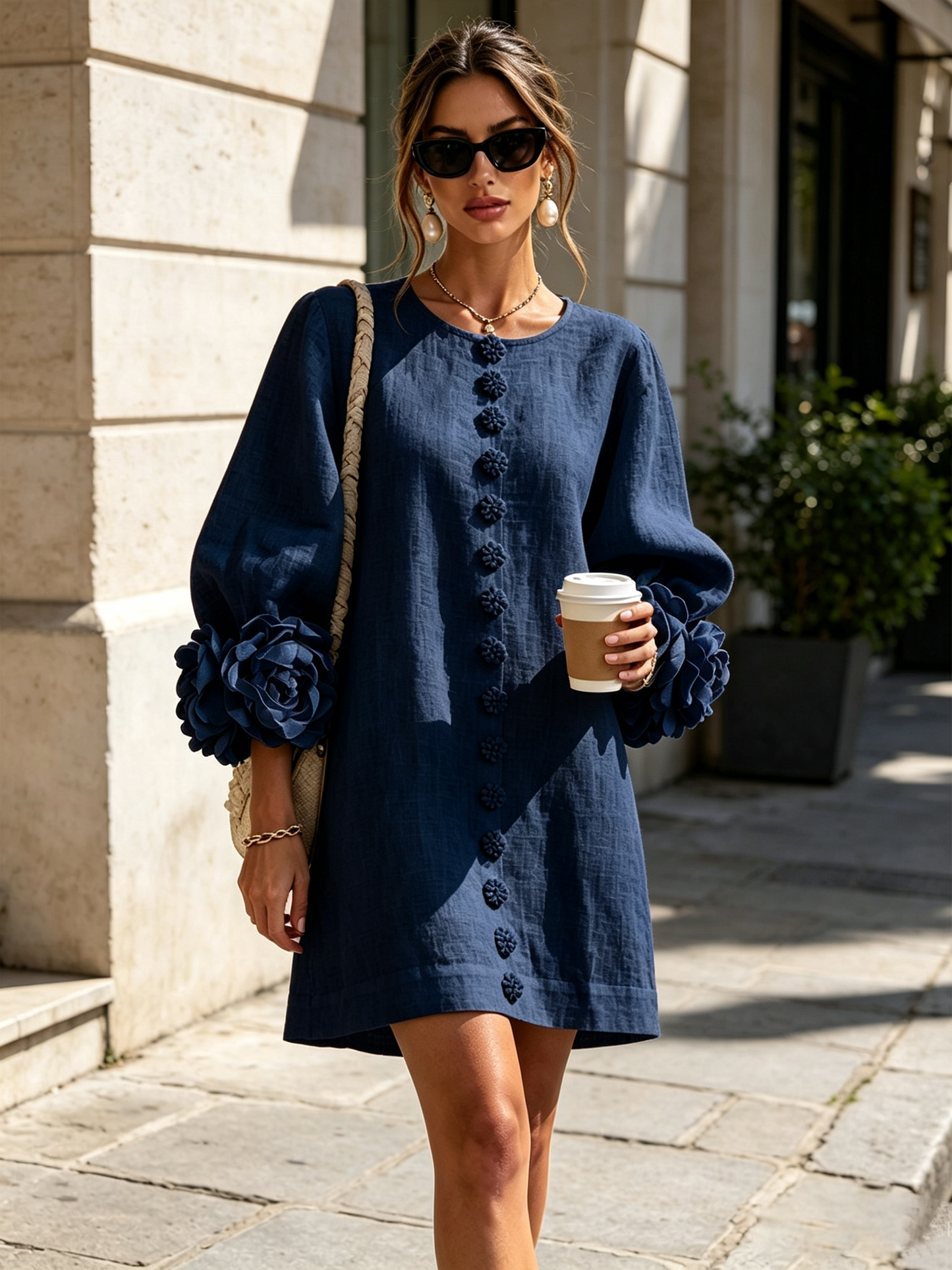 Mini-robe blanche à boutons, motif floral, avec des poignets à motif floral saisissants