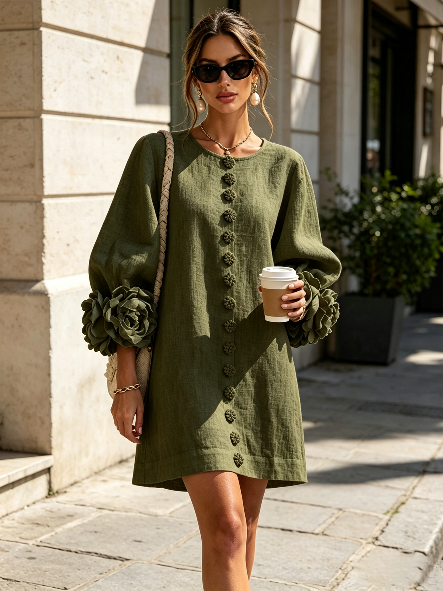 Mini-robe blanche à boutons, motif floral, avec des poignets à motif floral saisissants
