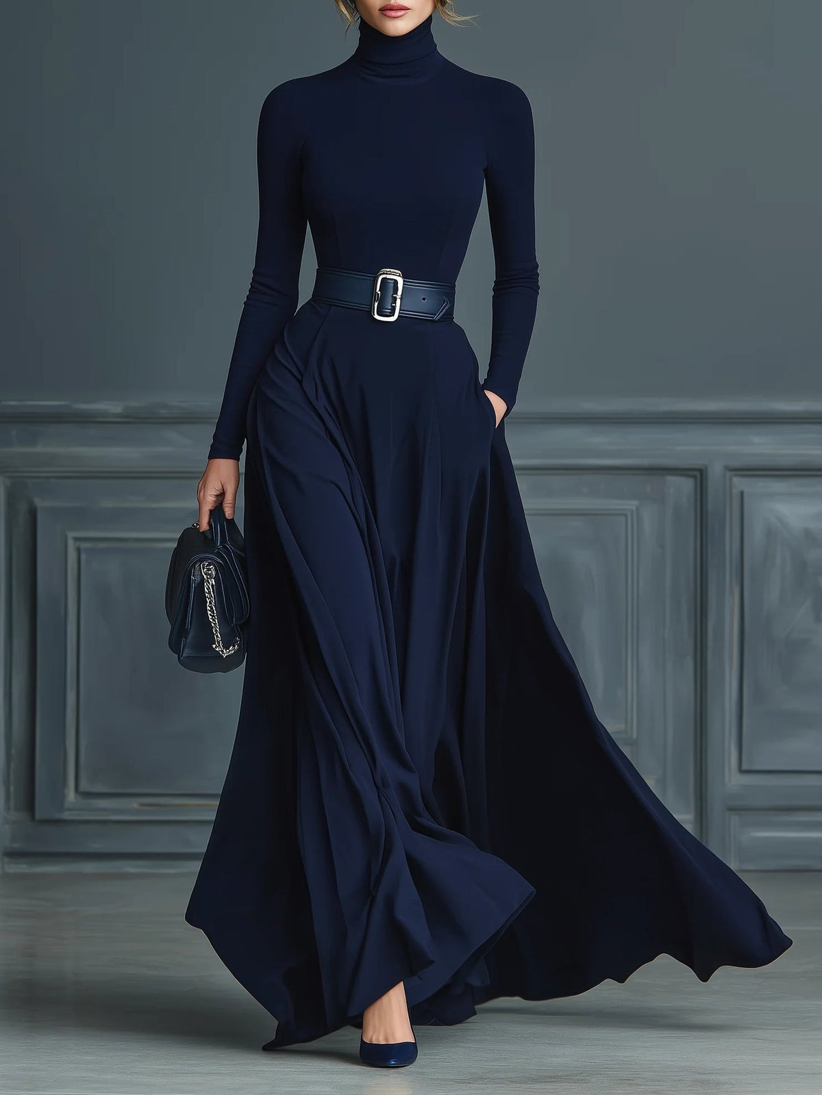Béatrice | Robe Maxi Col Montant Manches Longues Bleu Foncé