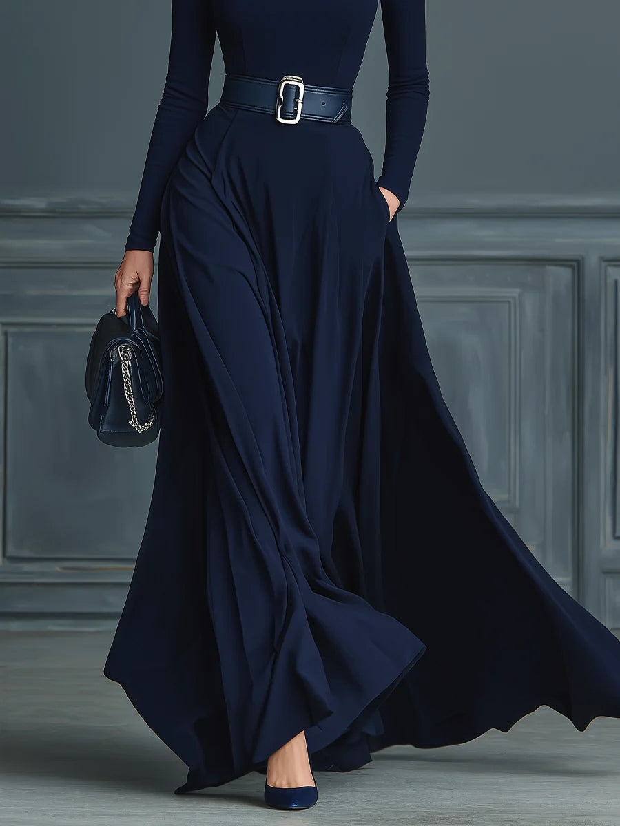 Béatrice | Robe Maxi Col Montant Manches Longues Bleu Foncé