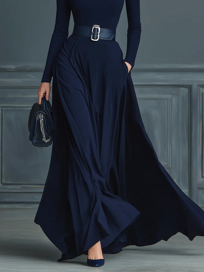 Béatrice | Robe Maxi Col Montant Manches Longues Bleu Foncé