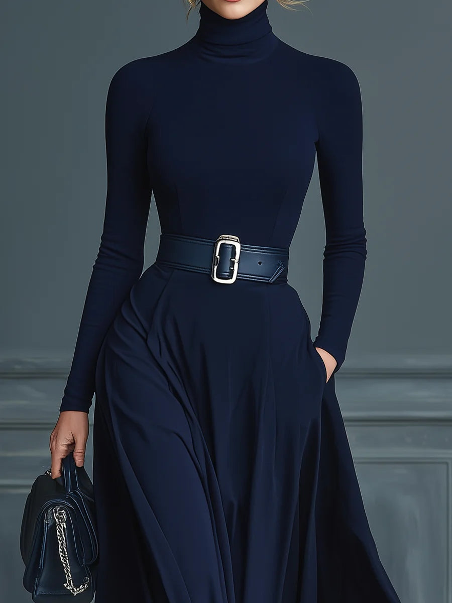 Béatrice | Robe Maxi Col Montant Manches Longues Bleu Foncé
