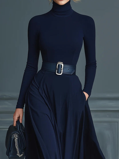 Béatrice | Robe Maxi Col Montant Manches Longues Bleu Foncé
