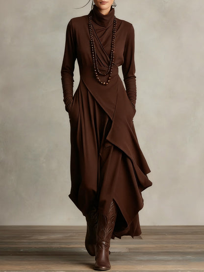 Patricia | Robe Maxi Fluide à Col Montant et Drapé Asymétrique