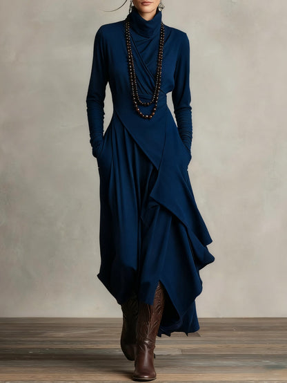 Patricia | Robe Maxi Fluide à Col Montant et Drapé Asymétrique
