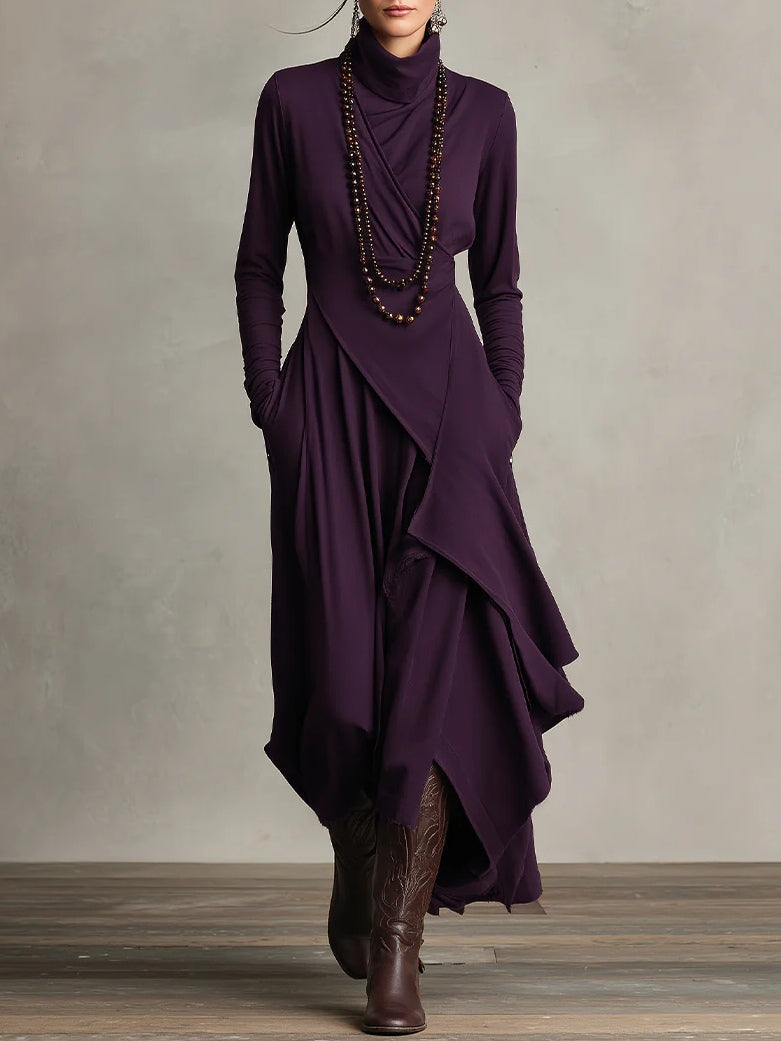 Patricia | Robe Maxi Fluide à Col Montant et Drapé Asymétrique