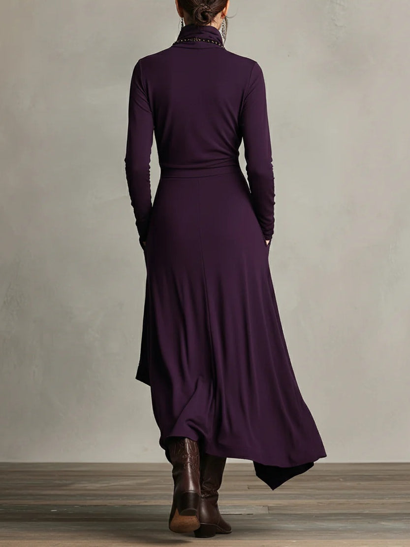 Patricia | Robe Maxi Fluide à Col Montant et Drapé Asymétrique