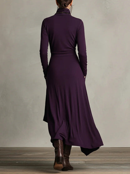 Patricia | Robe Maxi Fluide à Col Montant et Drapé Asymétrique