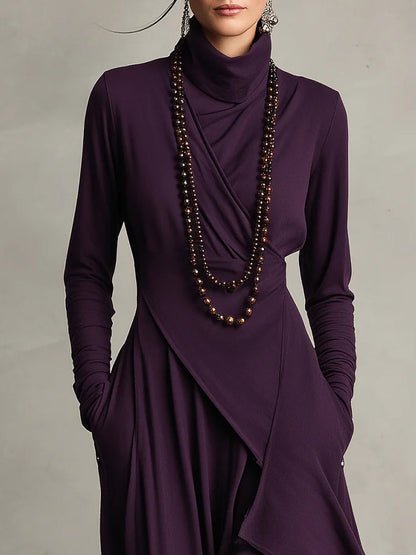 Patricia | Robe Maxi Fluide à Col Montant et Drapé Asymétrique