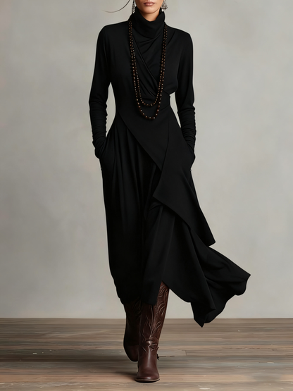 Patricia | Robe Maxi Fluide à Col Montant et Drapé Asymétrique