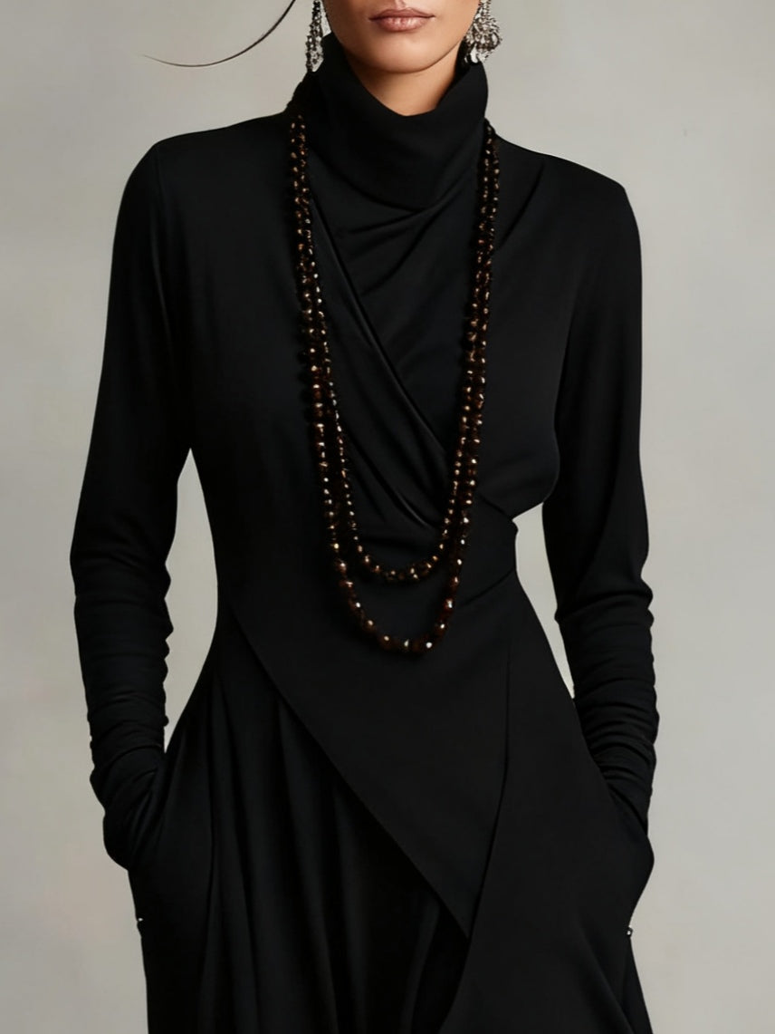 Patricia | Robe Maxi Fluide à Col Montant et Drapé Asymétrique