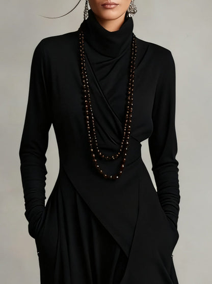 Patricia | Robe Maxi Fluide à Col Montant et Drapé Asymétrique