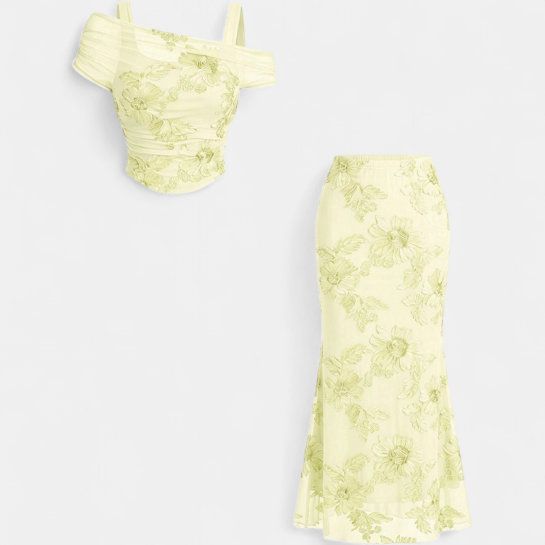 Giselle | Ensemble robe longue sirène à épaules dénudées en maille brodée pour femme