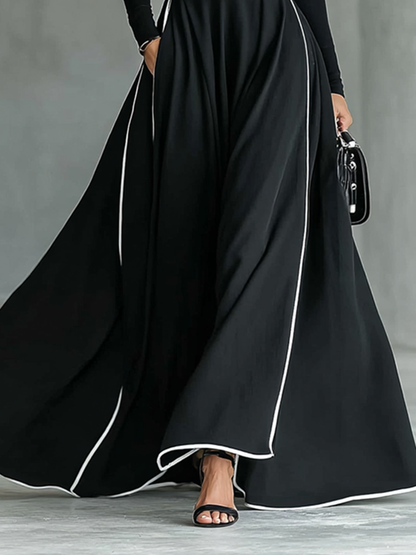 Nicoletta | Robe Maxi Noire à Col Montant et Coutures Blanches
