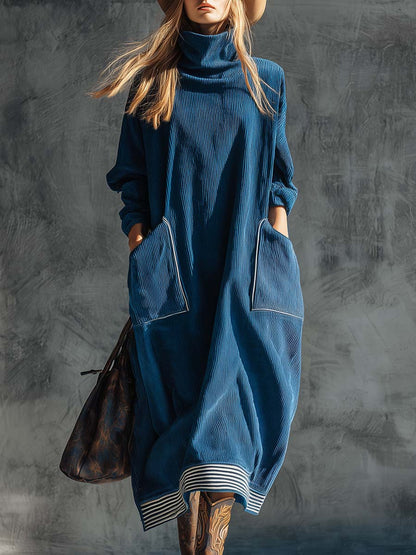 Inès | Robe Midi Vintage à Col Montant et Grandes Poches