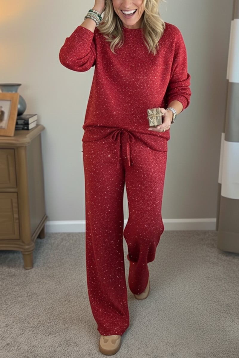 Lisette | Ensemble décontracté brillant pour femme, tailleur-pantalon deux pièces à col rond