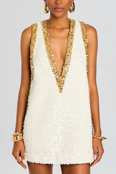 Céline | Mini-robe à paillettes, col en V et contrastes de couleurs