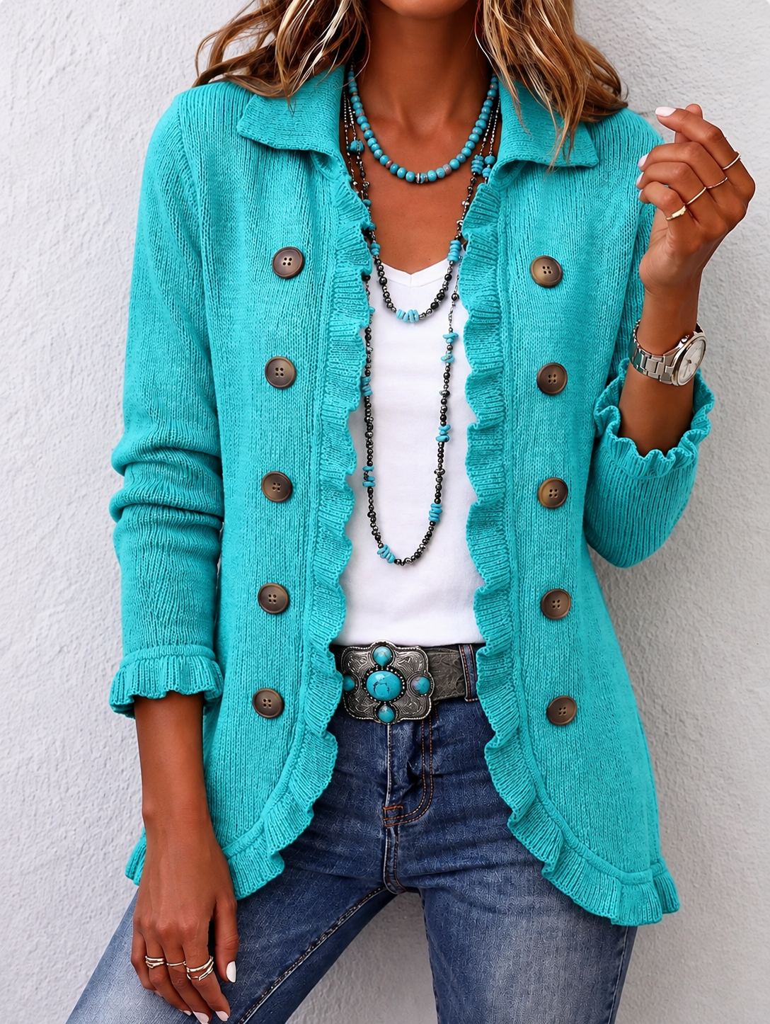 Renée | Veste en maille turquoise à volants