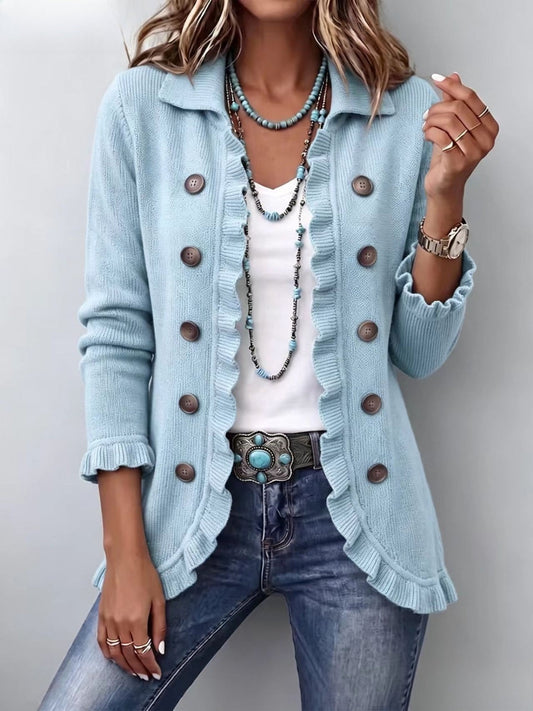 Agnès | Veste en maille bleu poudré à volants