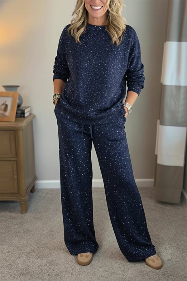 Lisette | Ensemble décontracté brillant pour femme, tailleur-pantalon deux pièces à col rond