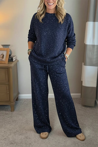 Lisette | Ensemble décontracté brillant pour femme, tailleur-pantalon deux pièces à col rond