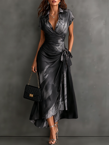 Aurelie | Robe longue croisée, col, décolleté en V et ceinture à nouer