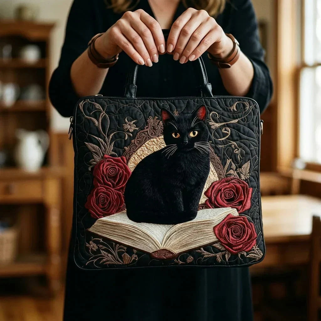 Sac artisanal rembourré - Chat noir sur des livre