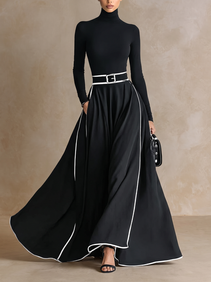 Nicoletta | Robe Maxi Noire à Col Montant et Coutures Blanches