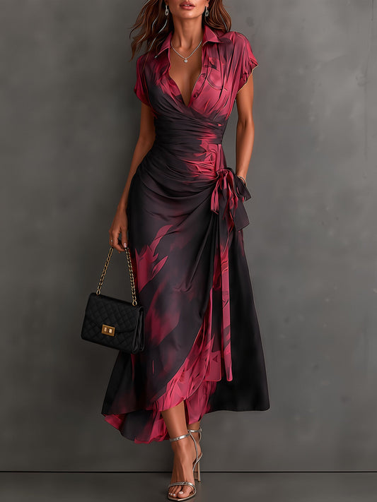 Aurelie | Robe longue croisée, col, décolleté en V et ceinture à nouer